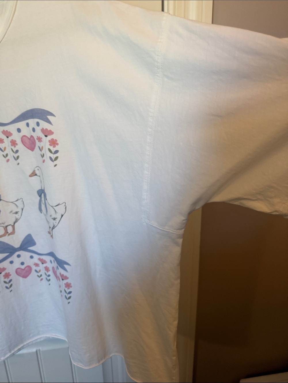Chic Soul White Short Sleeve Top with Blue Bow & Pink Heart Duck Print - Picture 5 of 7